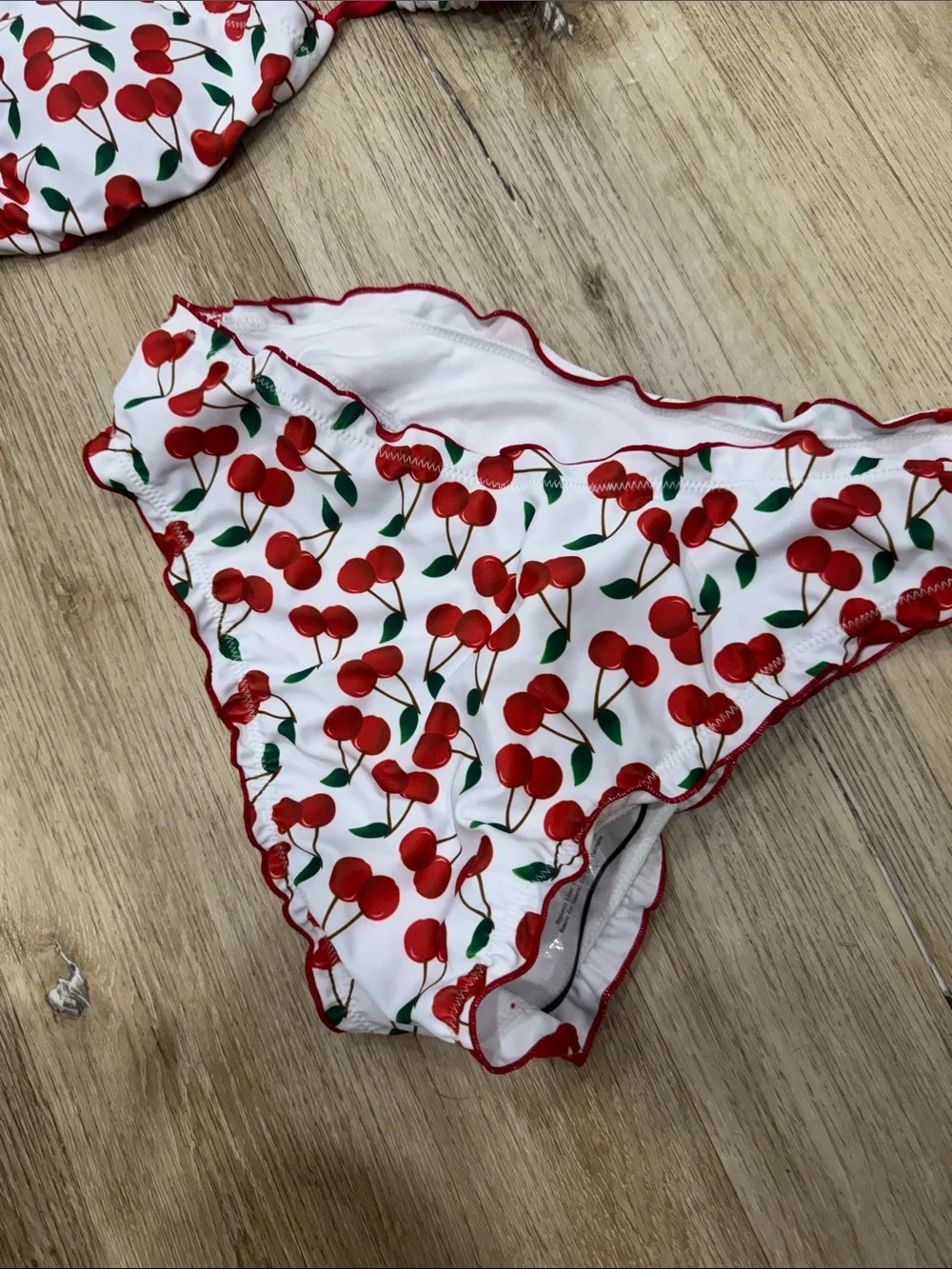 SHEIN White Cherry Ruffle Tie-Side Bikini